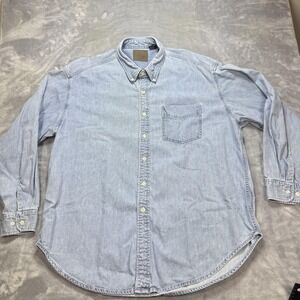 Denim Button Down Shirt Mens XL Light Blue Chambray Long Sleeve Casual Pocket